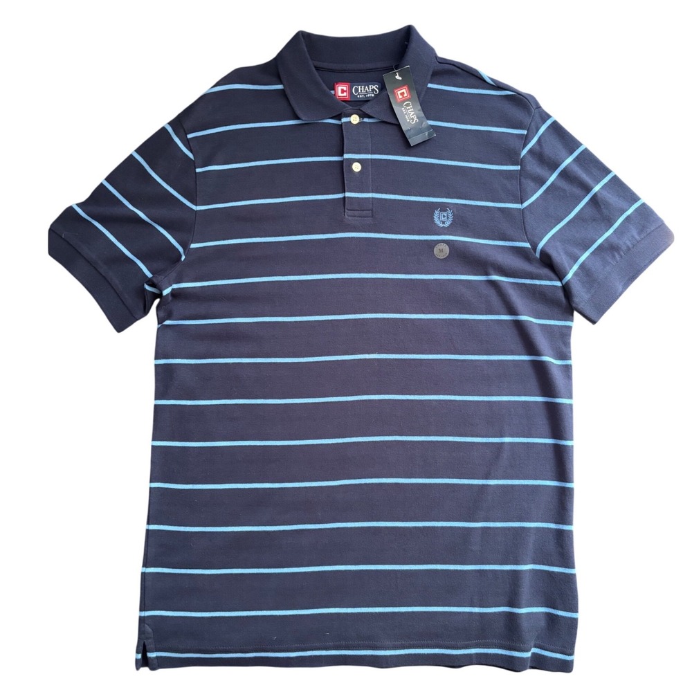 Chaps Mens Polo Shirt Medium Navy Blue Light Blue‎ Striped Short Sleeve NWT